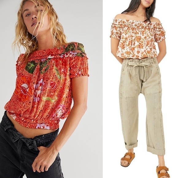 NWT FREE PEOPLE 70s Smocked Off Shoulder Floral Short Sleeve Blouson Crop Top S - Picture 4 of 11